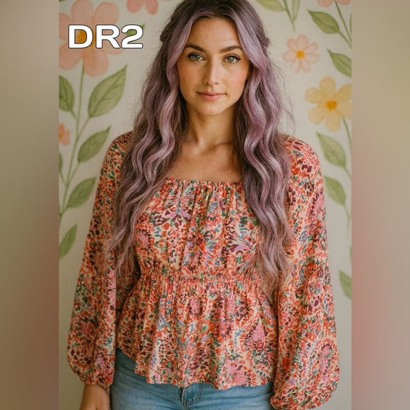 DR2 Women's Floral Peasant Blouse - Pink and Orange, Thanksgiving Fall Autumn - Picture 1 of 3